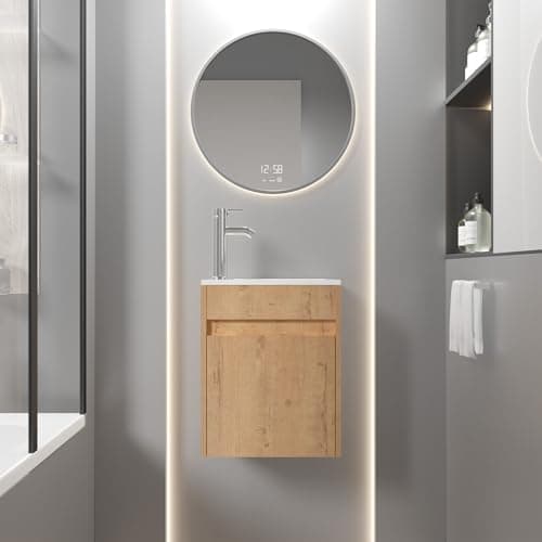 Image of UEV 400 mm Wall Hung Bathroom Vanity Unit with Resin Sink, Space-Saving Storage Cabinet, Wall-Mounted Basin for Cloakroom or Bathroom, Natural Wood