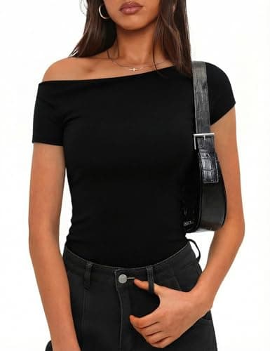 Image of Totatuit Womens Off Shoulder T Shirt UK Y2K Top Short Sleeve Ladies Slim Fit Stretch Basic Plain Summer Casual Tunic Tops Black,S