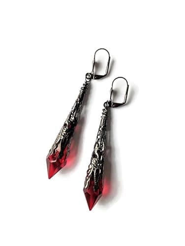 Image of Red Faceted Acrylic Bead Long Pointed Pendant Earrings, Ornately Stamped Vintage Style Gunmetal Tone Leverback Earrings