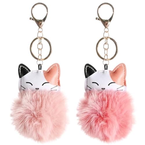 Image of Zirax 2 Pack Cat Pom Pom Keyring for Women Girls, Fluffy Plush Keychain in Leather Pink Korean Pink, Cute Soft Faux Fur Bag Charm Car Key Ring Pendant for Handbag Backpack Purse Accessories Gift