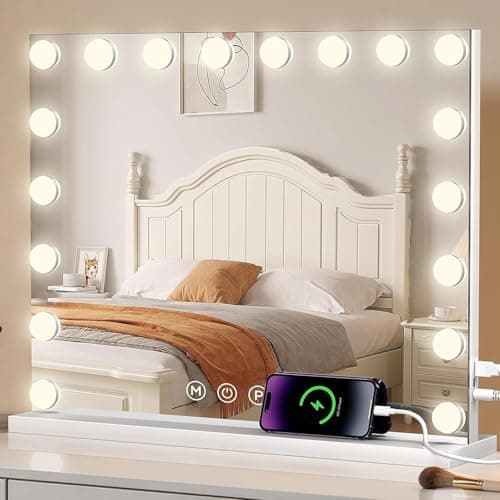 Image of BEHOMHAZQ Hollywood vanity mirror with lights: 70x55cm Large Makeup Mirror with 18 Dimmable Led Bulbs,3 Lighting Modes, Smart Touch Control, Tabletop and Wall Mounted for Bedroom