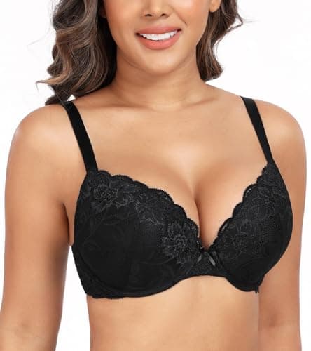 Image of Lemorosy Women's Plunge Push Up Bra Comfort Padded Underwire with Lace Flower(Black,34A)