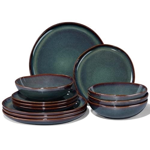 Image of Joyfair Dinner Set, 12 Pieces Stoneware Dinnerware Set Service for 4, Reactive Glaze Irregular Shape Plates and Bowls, Chip & Scratch Resistant, Microwave & Dishwasher Safe, Blackish Green