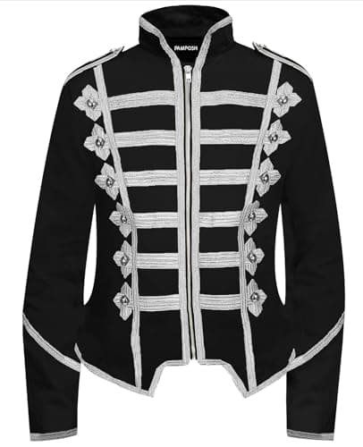 Image of Pamposh Women Steampunk Hussar Military Drummer Parade Jackets - Emo Punk Women Jackets - Napoleon Gothic Clothing - Ladies Marching Band Jackets (UK, Alpha, L, Regular, Regular, Black & White)