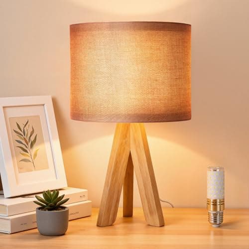 Image of Warmiehomy 37cm Wooden Bedside Table Lamp, Modern Tripod Table lamp with Brown-Red Fabric Shade, Button Switch, 4W E27 Warm Light Bedside Lamps for Bedroom, Living Room, Study, Office (Bulb Included)