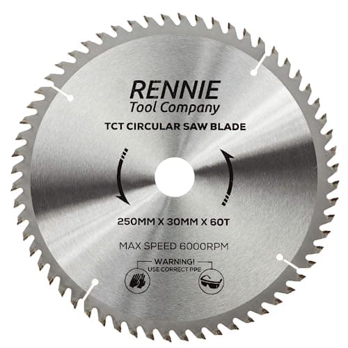 Image of Rennie Tools - 250mm x 30mm x 60T TCT Circular Wood Saw Blade Includes 25mm 20mm & 16mm Bore Reduction Rings. Compatible with Bosch Makita Dewalt Circular Saw Etc. Fits 255mm Circular Saws