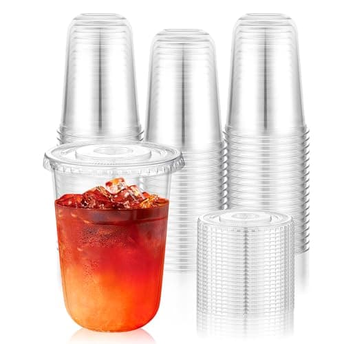 Image of KesaPlan 50 Set 450ml (16oz) Plastic Cups with Lids and Paper Straws, Round Bottom PET Cups for Iced Coffee Cold Drinks Juice Smoothies Milkshakes Lemonade Cocktails and Bubble Tea