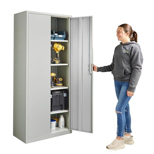 Image of Metal Storage Cabinet, Lockable 2 Door Metal Cupboard with 4 Adjustable Shelves, for Warehouse, Office, Home, Garage, 185cm Tall, Grey Steel, Easy Assembly