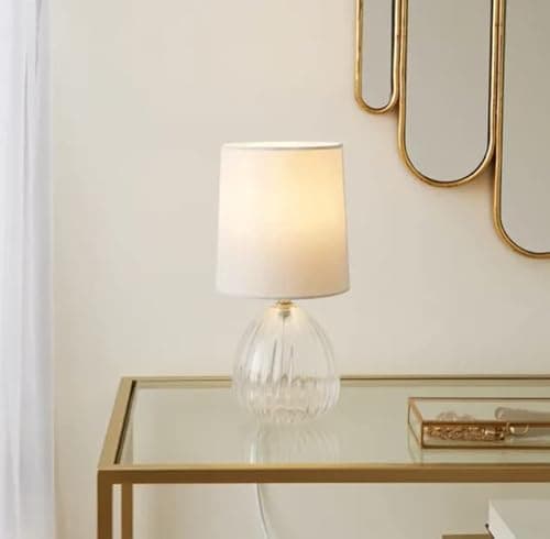 Image of Bloomingtons Direct Table Lamp Bedside Light Clear Glass Base & Faux Linen Bell Shade Bedroom Nightstand Glass Table Lamp (Ivory)