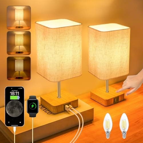 Image of Touch Control USB Table Lamp, Dimmable Nightstand Lamps with USB Charging Ports, Small Touch Lamp with Wood-grain Base & Fabric Shade for Bedroom, Living Room, Children's room, Bulb Included, 2 Pack
