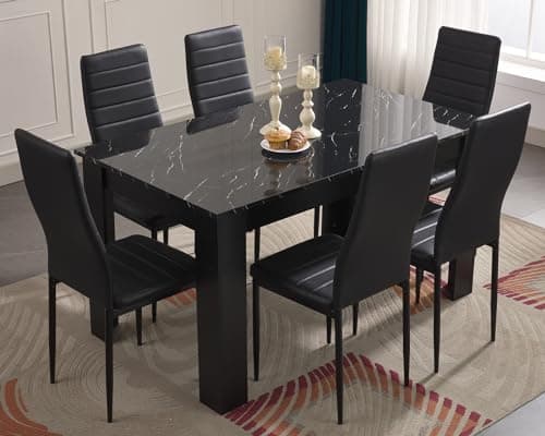 Image of Dining Table and 6 Chairs Set, Dining Table Set, Pu Leather Dining Room Chairs and 18mm Thick Table Top 140 x 80 cm Long Wooden Dining Table Modern Design for Home Kitchen Furniture