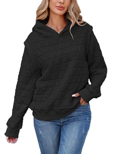 Image of Famulily Ladies Oversized Hooded Sweatshirt Quilted Basic Hoodies Pullover Long Sleeve Warm Tops Coat Black S