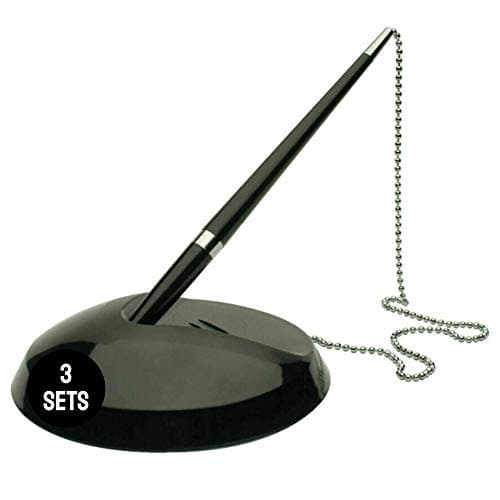 Image of Essential Arts 3 x Reception Pen Desk Set Plus Two Refills – Black Ink. Forum Chain Ballpoint Pen and Base Set with Adhesive Pad. For Office, Hotel, School, etc.