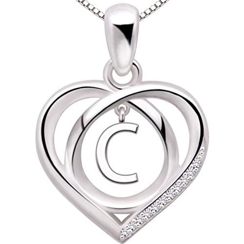 Image of ALOV Jewelry Sterling Silver Initial C Letter Alphabet Love Heart Cubic Zirconia Pendant Necklace