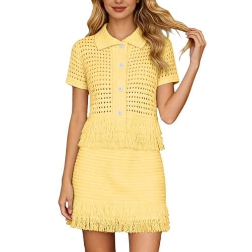Image of Generisch Summer Knit Set with Fringe Jacket High Waisted Mini Skirt for Casual, yellow, S