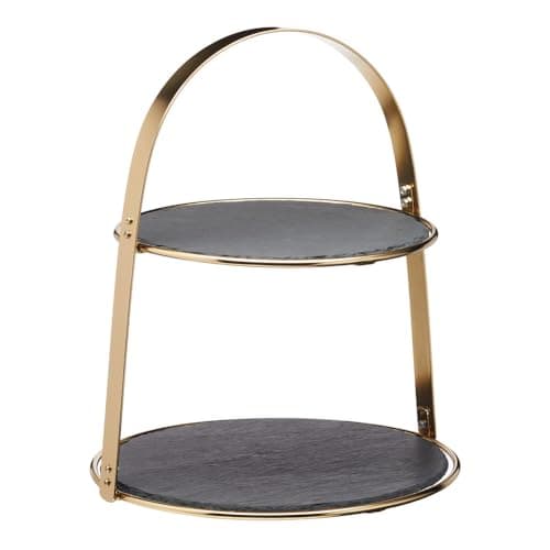 Image of Artesà Cake Stand, 2 tier, with Round Slate Serving Platters and Brass Finish, 29.5 x 29.5 x 35 cm, Black