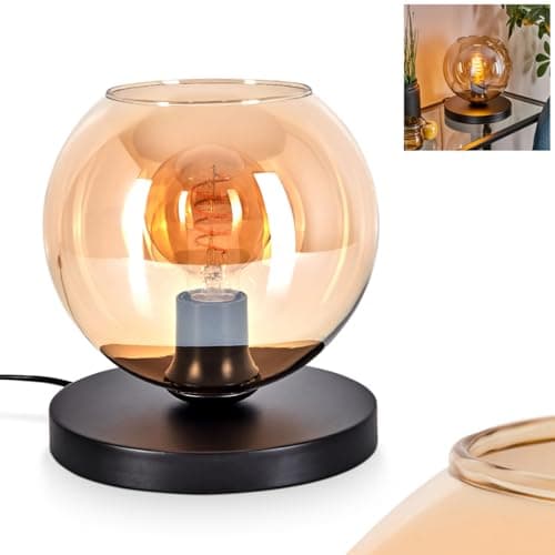 Image of Koyoto Table Lamp, Metal / Glass Table Lamp in Black/Amber, Industrial / Retro / Vintage Design with Glass Shade (Diameter 20 cm) and On/Off Switch on Cable, 1 x E27, Bulb Not Included
