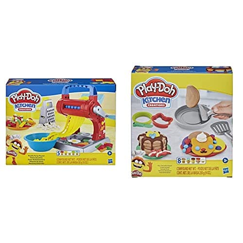 Image of Play-Doh Kitchen Creations Noodle Party Playset for Children Aged 3 and Up with 5 Non-Toxic Colours & Kitchen Creations Flip 'n Pancakes Playset 14-Piece Breakfast Toy