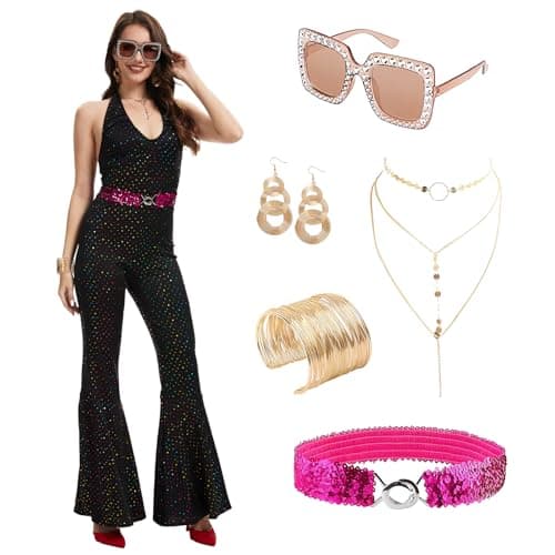 Image of JDFAIJEAL Women's Disco Jumpsuit with Sequins, Flare Pants & Belt, 70s 80s Retro Party Outfit (Black, XXL)