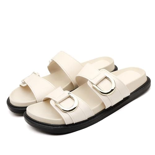 Image of LUNATECH Womens Flat Slide Sandals Summer Sandals Double Strap Adjustable Buckle Slip on Slides Shoes Flatform Walking Sandals (WAX, Adult, Women, 6, Numeric, UK Footwear Size System, Medium)
