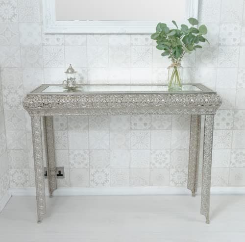 Image of DOWNTON INTERIORS UK Silver Moroccan Style Embossed Metal Mirrored Glass Console Side Hall Dressing Table (GZ420) Part of the AGADIR Collection