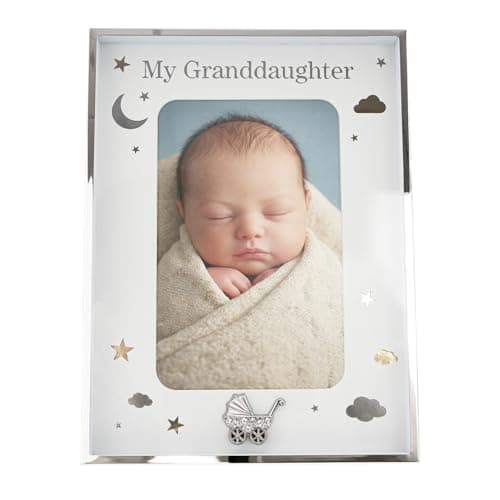 Image of Happy Homewares My Granddaughter Silver Plated 4x6 Picture Frame with Gold and Silver Foil Stars and Clouds | Silver Pram with Clear Diamantes | Wall or Table
