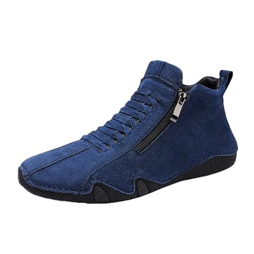 Image of Mens Leather High Top Casual Boots Lace Up Side Zipper Walking Shoes Non Slip Outdoor Trainers with Arch Support Wide Fit for Hiking Training Sports Footwear(Blue, 5)