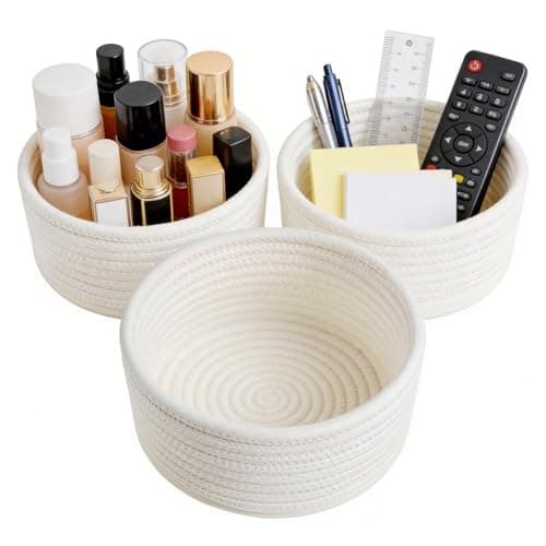 Image of M.J COMFY-LIFE Woven Storage Baskets Set of 3 Cotton Rope Small Baskets 18 x 18 x 9 cm for Organizing Cute Mini Bins for Shelves Bathroom Closet & Nursery Boho Home Decor Basket White