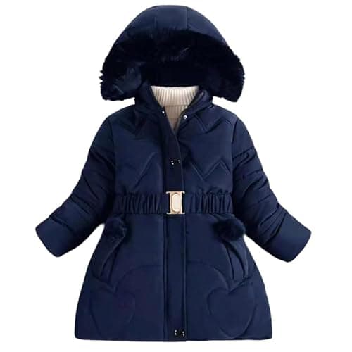 Image of Runstarshow Girls' Winter Coat - Padded Parka Jacket with Detachable Hood & Faux Fur Collar - Fleece Lined - Navy Blue - Size 7-8 Years - Girls Aged 3-12
