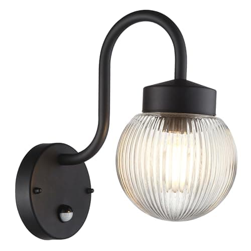 Image of National Lighting Easton PIR Wall Light Textured Black - Outdoor Lantern Lights with Sensor, IP44 Rated Ribbed Glass Globe Wall Lamp - E27 Fitting Outside Lighting for Porch, Patio, Garage & Entrance