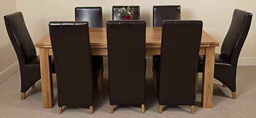 Image of OakFurnitureKing Solid Oak Extending Dining Table & Chairs Set 8 Seater Kitchen Dining Set – Richmond 200-280 cm Extendable Table & Lola Upholstered Brown Leather Chairs, Wooden Furniture