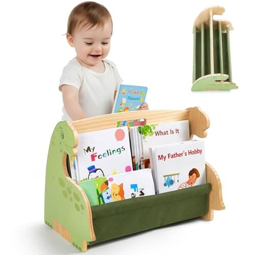 Image of MHJY Kids Bookshelf – Wooden Double-Sided Sling Book Rack with Canvas Storage, Toddler Bookcase for Nursery, Bedroom, Playroom – Montessori Style Children’s Book Organiser