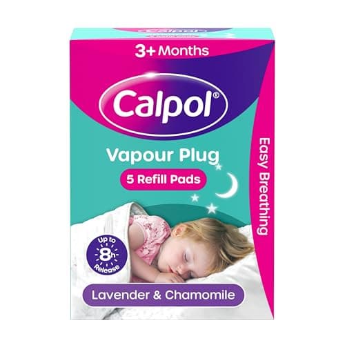Image of Calpol Vapour Plug Refills 5 Count (Pack of 1), Lavender & Chamomile, Helps with Clear and Easy Breathing, Vapour Plug In & Nightlight Refill Pads for Soothing 8 Hour Night-Time Comfort, 3+ Months