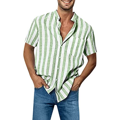Image of CHUNOTU Striped Shirts for Men Adult Classic Vertical Stripe Button Down Dress Shirt Short Sleeve Business Formal Party Tops, Green, L