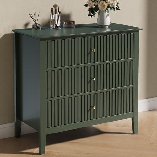 Image of SUNVIVI Chest of Drawers with 3 Drawers, Modern Fluted Dresser with Spacious Storage, Nightstand Storage Organiser Unit Painted Finish for Bedroom Living Room Hallway, 80x40x75cm (Green, 3 Drawers)