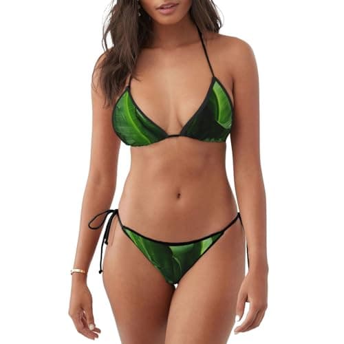 Image of Tamiger Fresh Banana Leaves Print Women's Two-Piece Bikini Swimsuit Set for Summer Beach Pool Vacation Surfing Diving Black