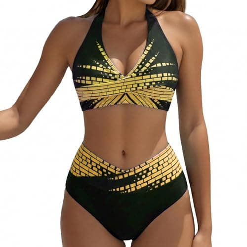 Image of Women's High Waisted Bikini Set Beach 2 Piece Swimsuit Tummy Control Bikini Set Bikinis Sexy Beach Vacation Clothes for Women Beach Swimsuit (UK, Alpha, M, Regular, Regular, BlackYellow)
