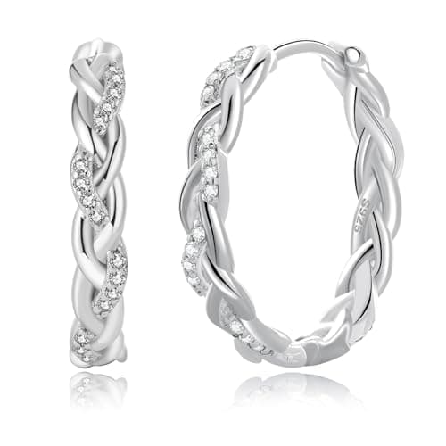 Image of PABBEU Sterling Silver Hoop Earrings,Hypoallergenic Twisted Silver Hoops Earrings for Women Lightweight Silver Hoop Earrings with Cubic Zirconia Hoops 20MM