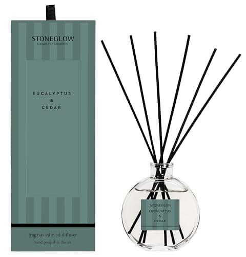 Image of Stoneglow Modern Classics Eucalyptus & Cedar Scented Reed Diffuser 120ml with Bergamot & Lavender Notes, 12 Rattan Reed Diffuser Sticks, Lasts 10 Weeks, Refillable & Reusable, Premium Air freshener