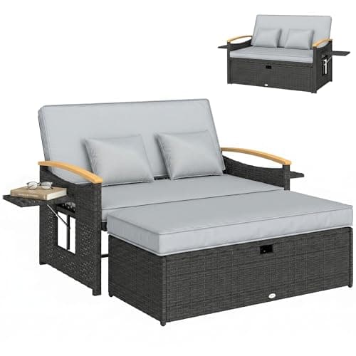Image of Outsunny Double Garden Rattan Daybed, Wicker Sun Bed Chaise Lounger with Storage Ottoman, 4-Level Adjustable Backrest, Side Tray, Cushions, Outdoor Conversation Furniture Loveseat Sofa, Dark Grey