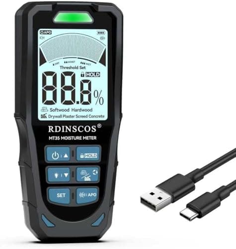 Image of RDINSCOS Rechargeable Pinless Moisture Meter, 6-in-1 Damp Meter for Wall Wood Concrete Plaster Screed Logs, Non-Destructive Damp Tester Detector with Backlit LCD Screen, Audible & Visual Alarm (MT35)