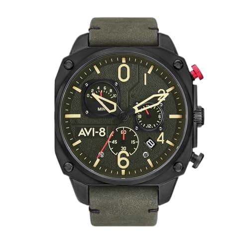 Image of AVI-8 Mens 45mm Hawker Hunter Retrograde Chronograph Deep Green Black Japanese Quartz Pilot Watch with Leather Strap AV-4052-08