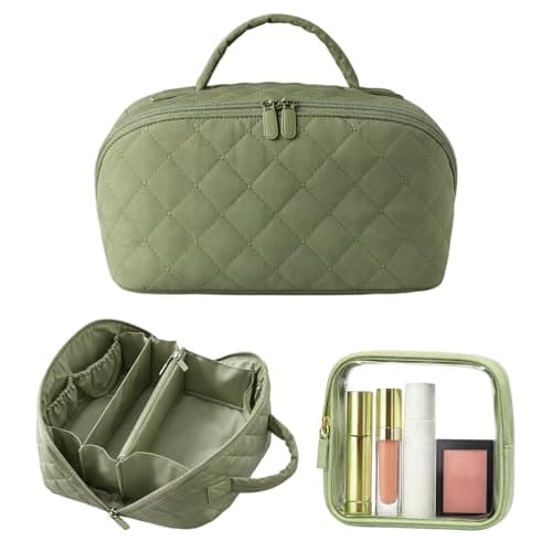 Image of Flat Lay Makeup Bag, 2-Piece Set in Green 25 * 14 * 13 cm Make up Bag with Compartments, Open Flat Makeup Bag for Daily Organisation, Weekend Travel and On-The-Go Touch-Ups