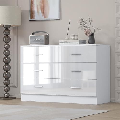 Image of Reflect - Wide 6 Drawer Chest of Drawers for Bedroom (H: 75cm x W: 112cm x D: 40cm) (White Gloss/Matt White)