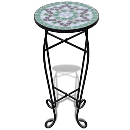 Image of vidaXL Balcony Mosaic Side Table - Green/White/Black Ceramic Top, Iron Frame, 30 cm Diameter, Plant Stand for Garden/Terrace