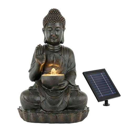 Image of Gardenwize - Solar Powered Meditating Buddha with Bowl Water Feature and Battery Back Up, No Running Costs, With Pump | Made From Weatherproof Resin | Patio, Garden Decking Fountain