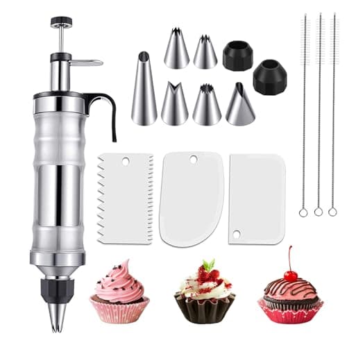 Image of Icing Piping Kits,Stainless Steel Cake Decorating Syringe Set with 6 Piping Nozzles & 3 Cream Scrapers,15-Piece Professional Baking Tools for Cupcakes,Cookies & Pastries -Silver