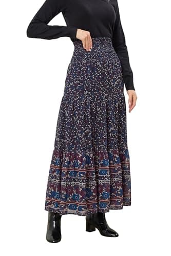 Image of Long Tall Sally - LTS Tall Blue Floral Border Tiered Maxi Skirt - Women's