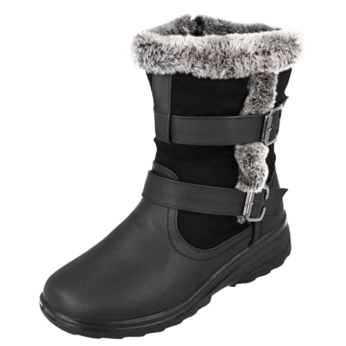 Image of Cushion Walk Ladies Leather Look Suede Faux Fur Trim Flat Warm Mid Calf Length Boots Size 3-8 (6 UK, Black Double Buckle)