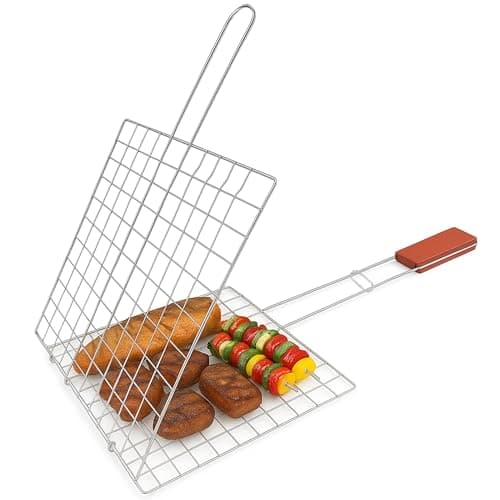 Image of TIJAR® BBQ Grill Basket, Folding Grill Basket with Long Handle, Grids & Grates, Reusable Steel, Strong Fish Grill Basket, Perfect for Grilling Vegetables, Steaks, Shrimp, Sausages (1)